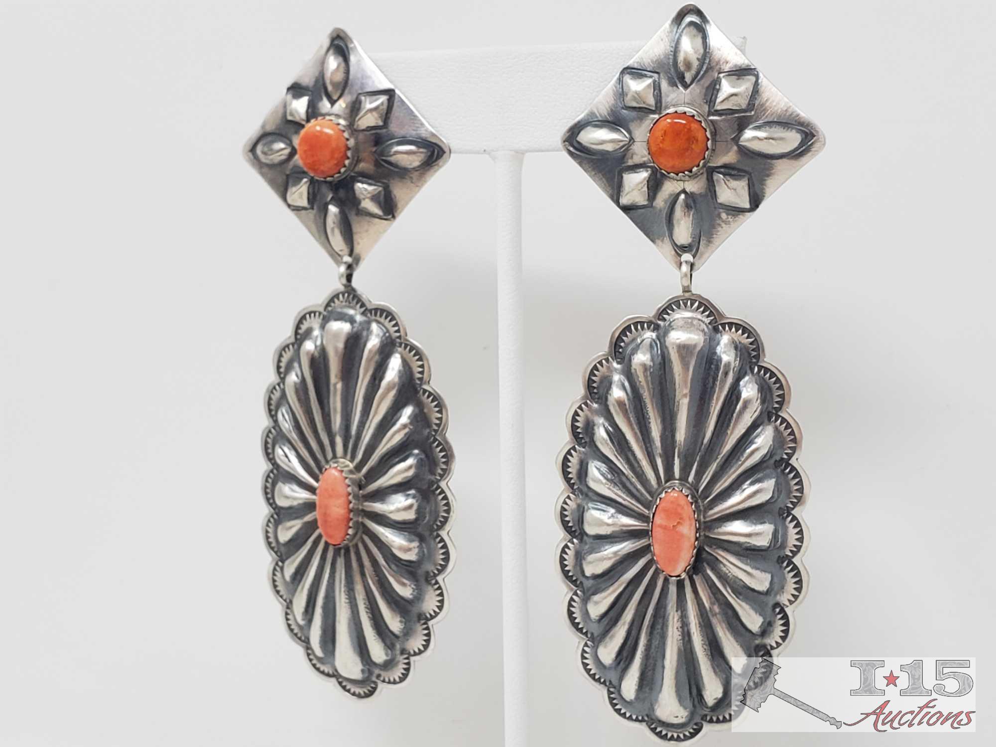 Spiny Oyster and sterling silver Native American earrings.. Marked by Artist 22.5g