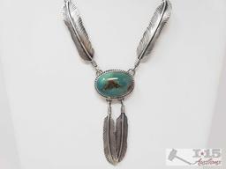 Native American Artist Marked Sterling Silver Feather and Turquoise Stone Necklace Set, 53.4g