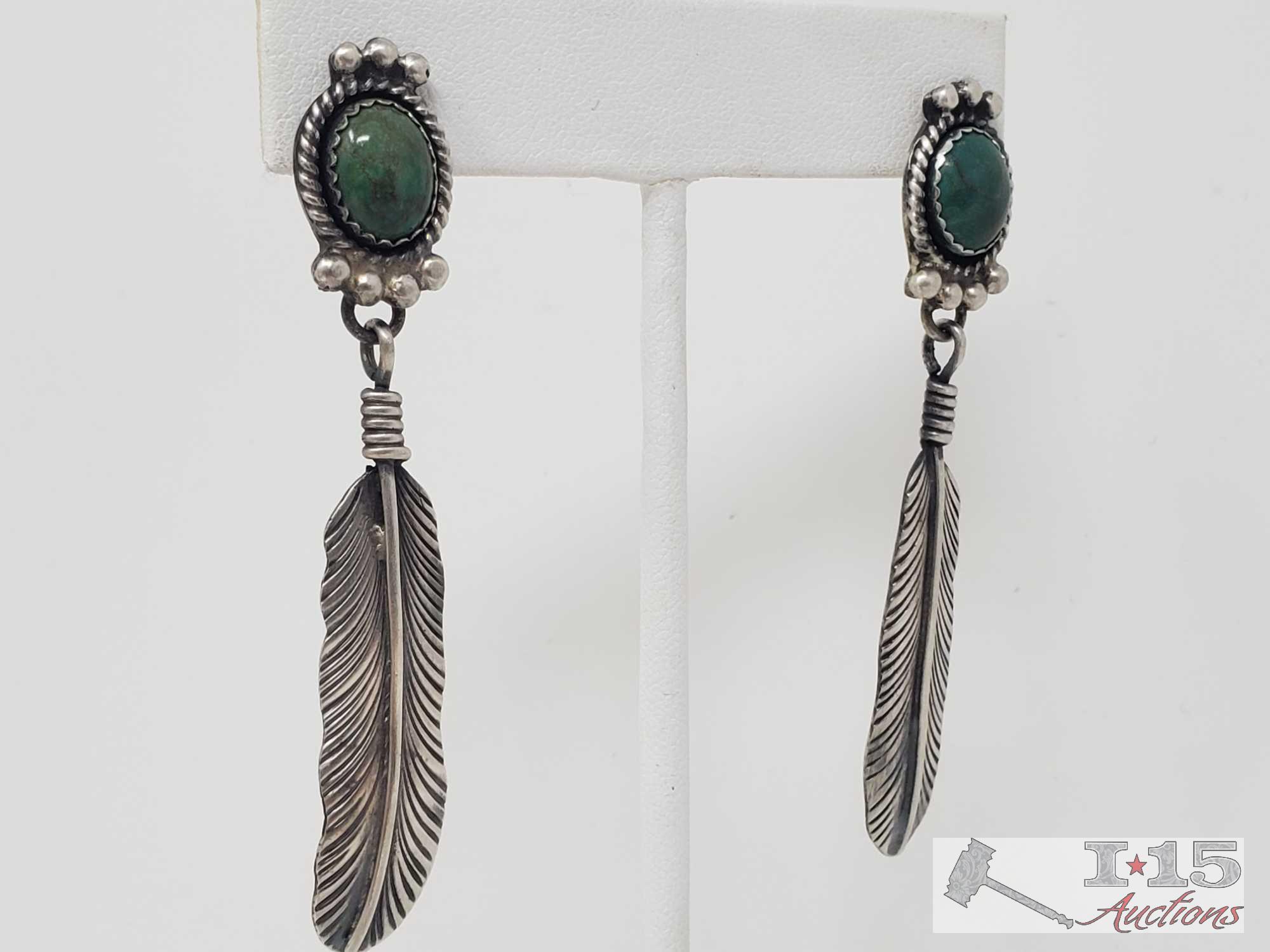 Native American Artist Marked Sterling Silver Feather and Turquoise Stone Necklace Set, 53.4g