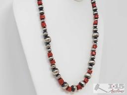 Heavy Handmade Native American Sterling Silver Neckalce with Blood Red Coral Stones 62.2g