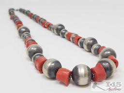 Heavy Handmade Native American Sterling Silver Neckalce with Blood Red Coral Stones 62.2g