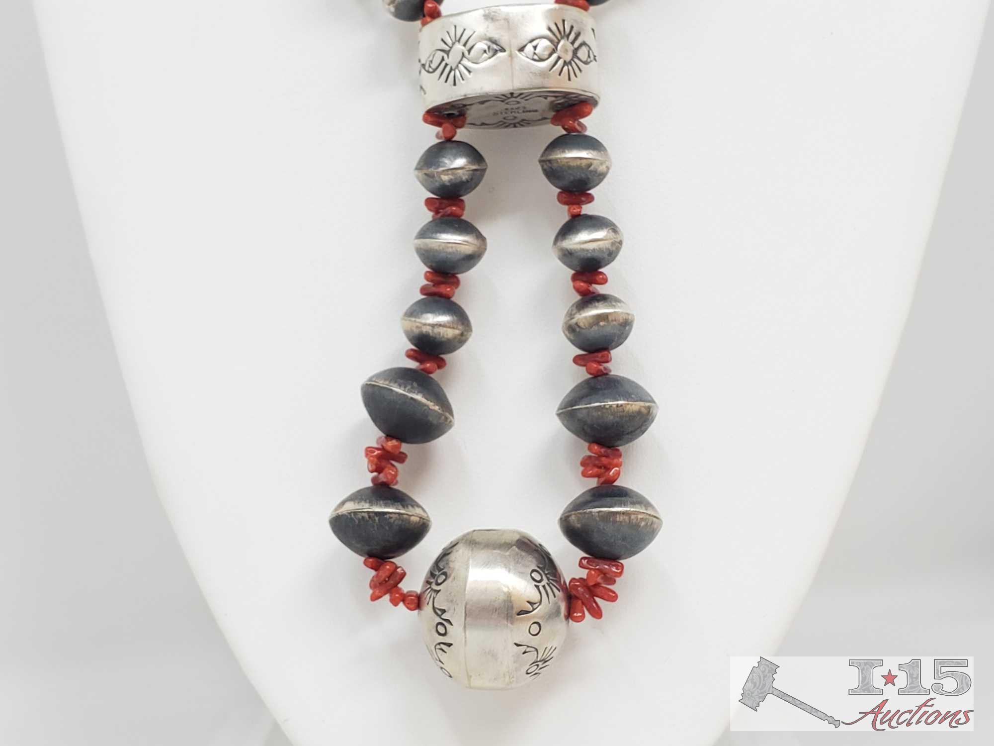 RARE Sophia Becenti Large Sterling and Blood Red Coral Lariat Necklace Set 126.9g