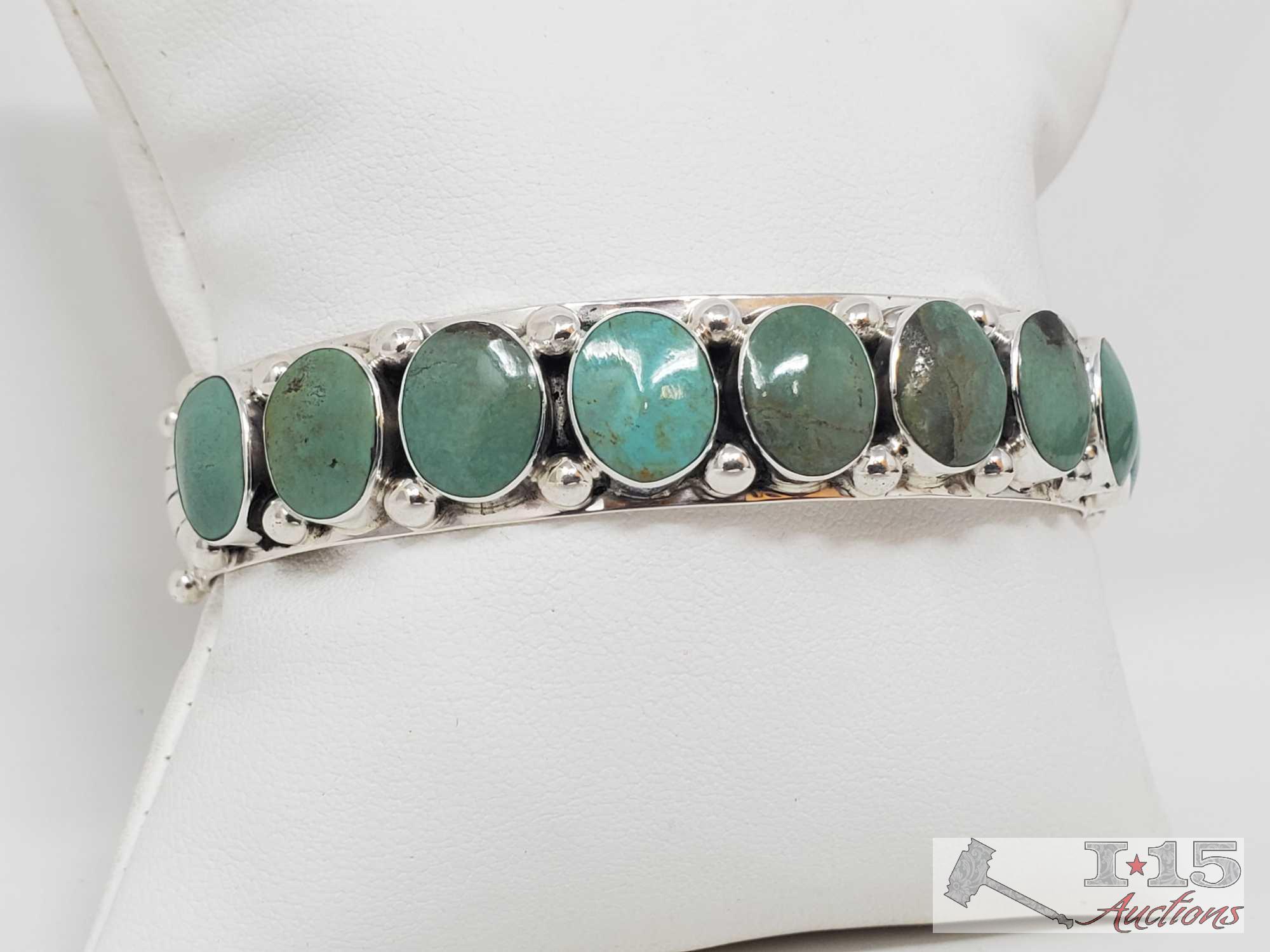 Beautiful Sterling Silver and Green Turquoise Native American Bracelet...Cuff 40.3g