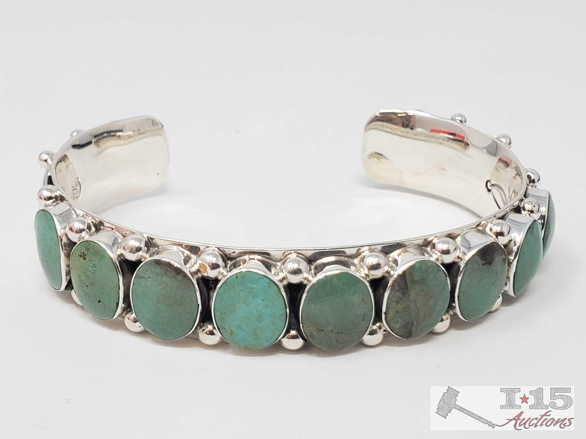 Beautiful Sterling Silver and Green Turquoise Native American Bracelet...Cuff 40.3g