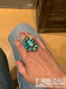 Original Kathleen G Marked Chunky Sterling Silver and Turquoise Cluster Ring in a size 8