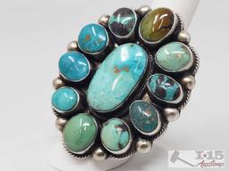 Original Kathleen G Marked Chunky Sterling Silver and Turquoise Cluster Ring in a size 8