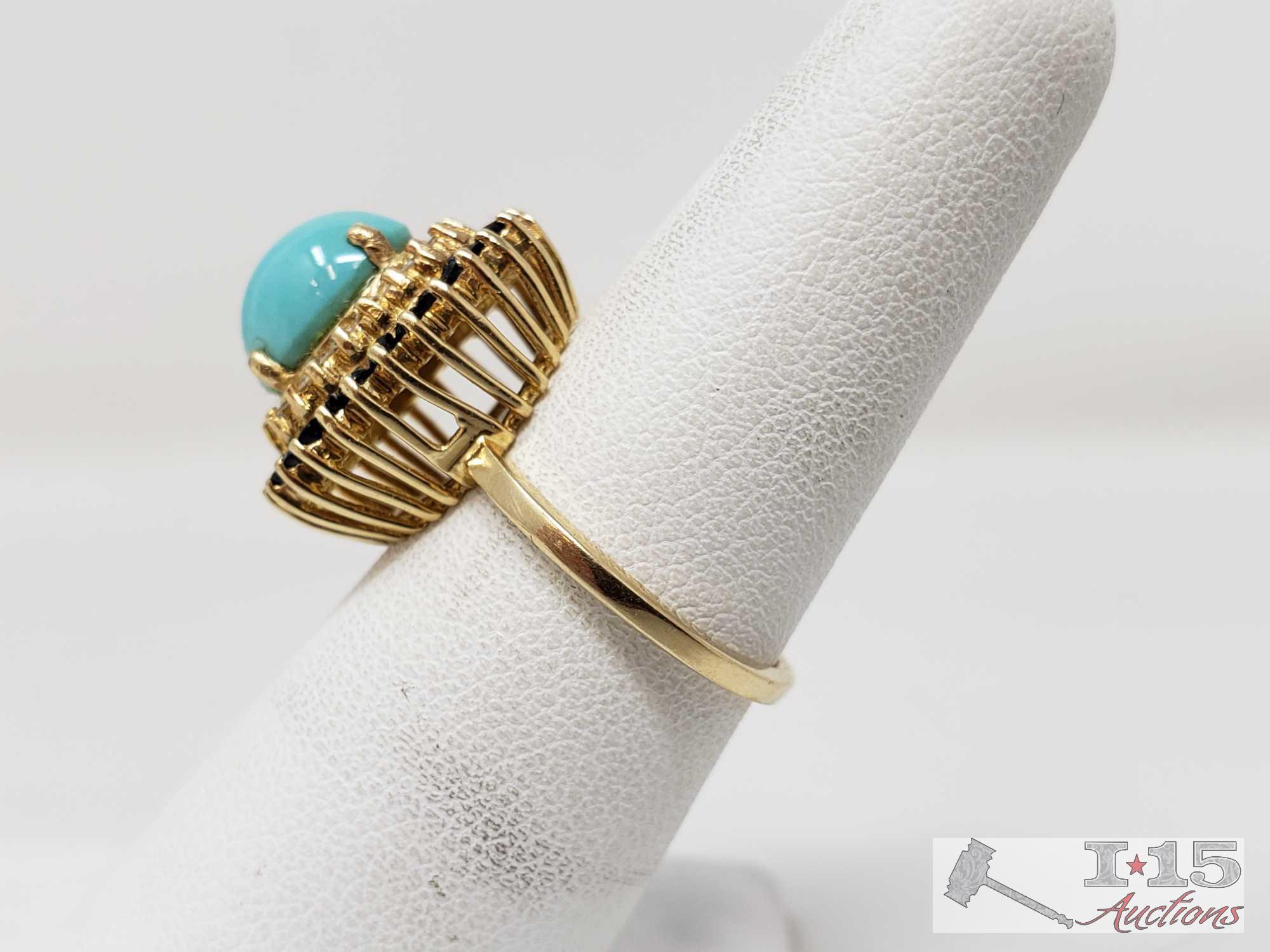 14K Gold Turquoise Diamond Sapphire Ring, 5.13