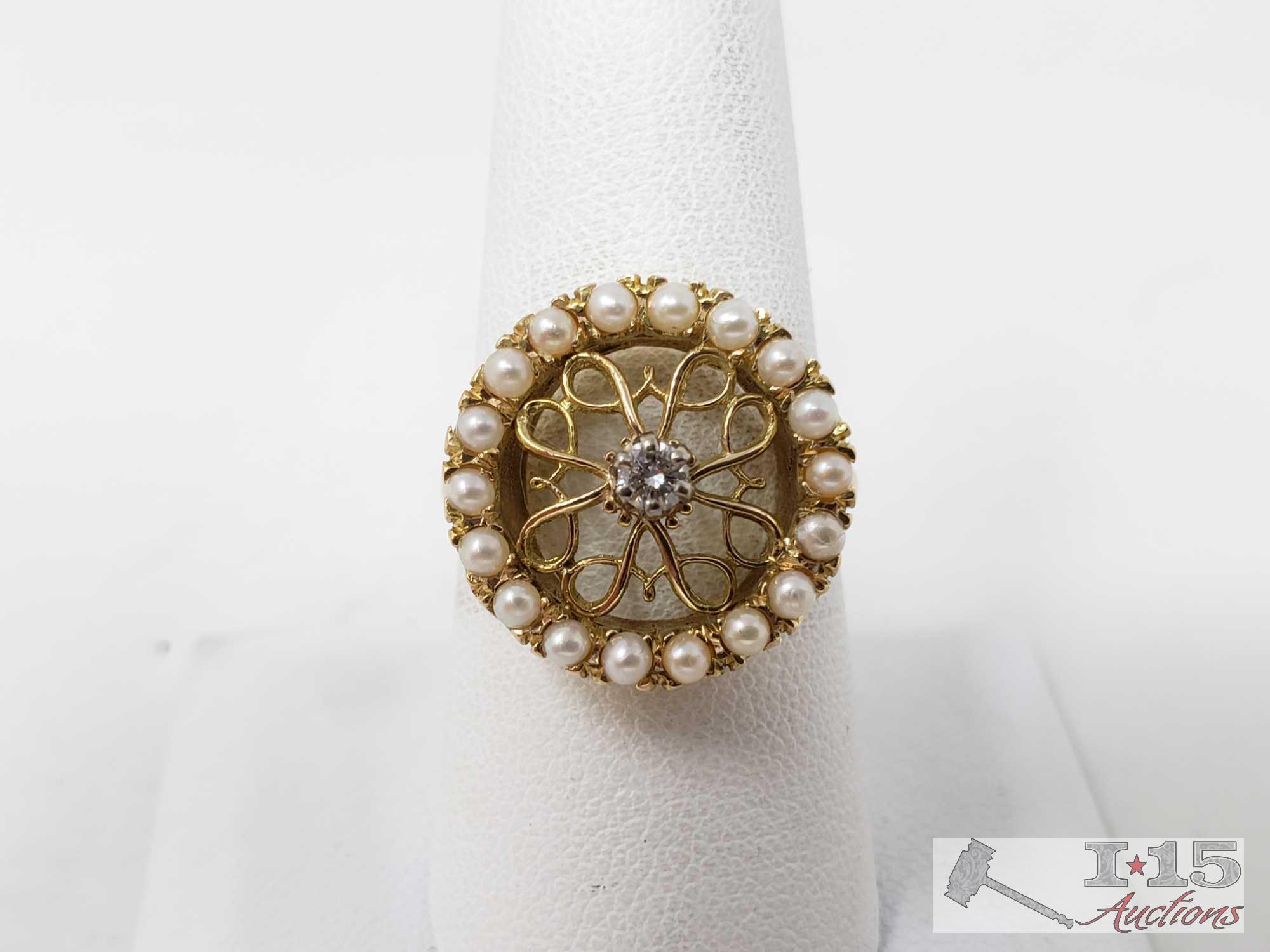14k Gold Diamond Pearl Ring, 5.4