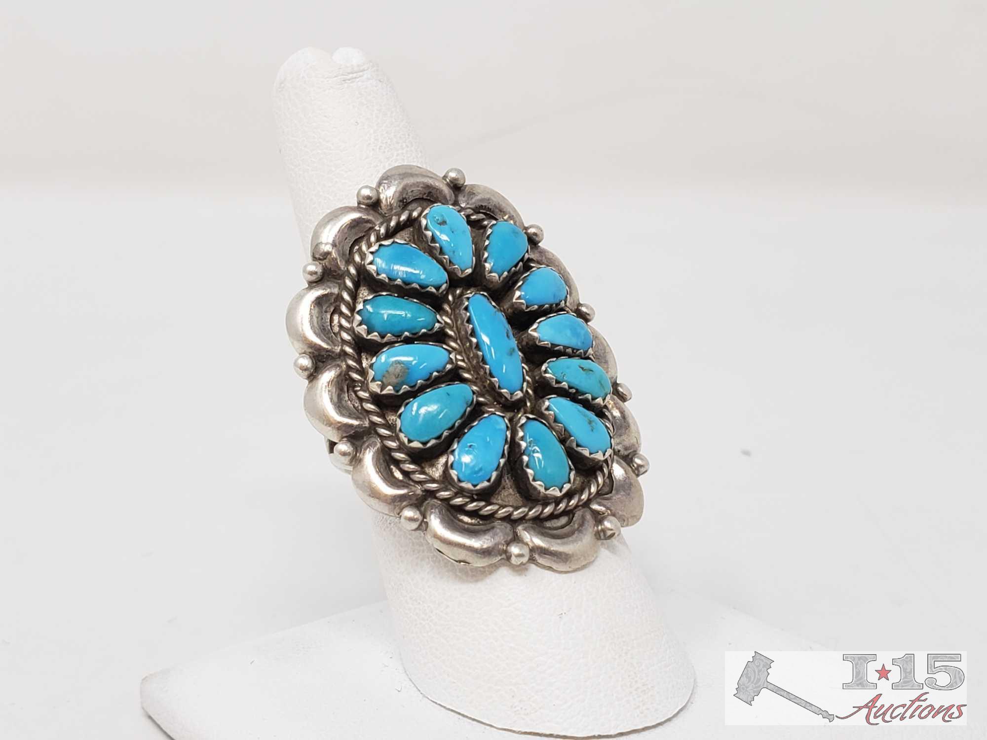 Beautiful Chunky Old Pawn Native American Sterling Silver Turquoise Ring, size 7.5