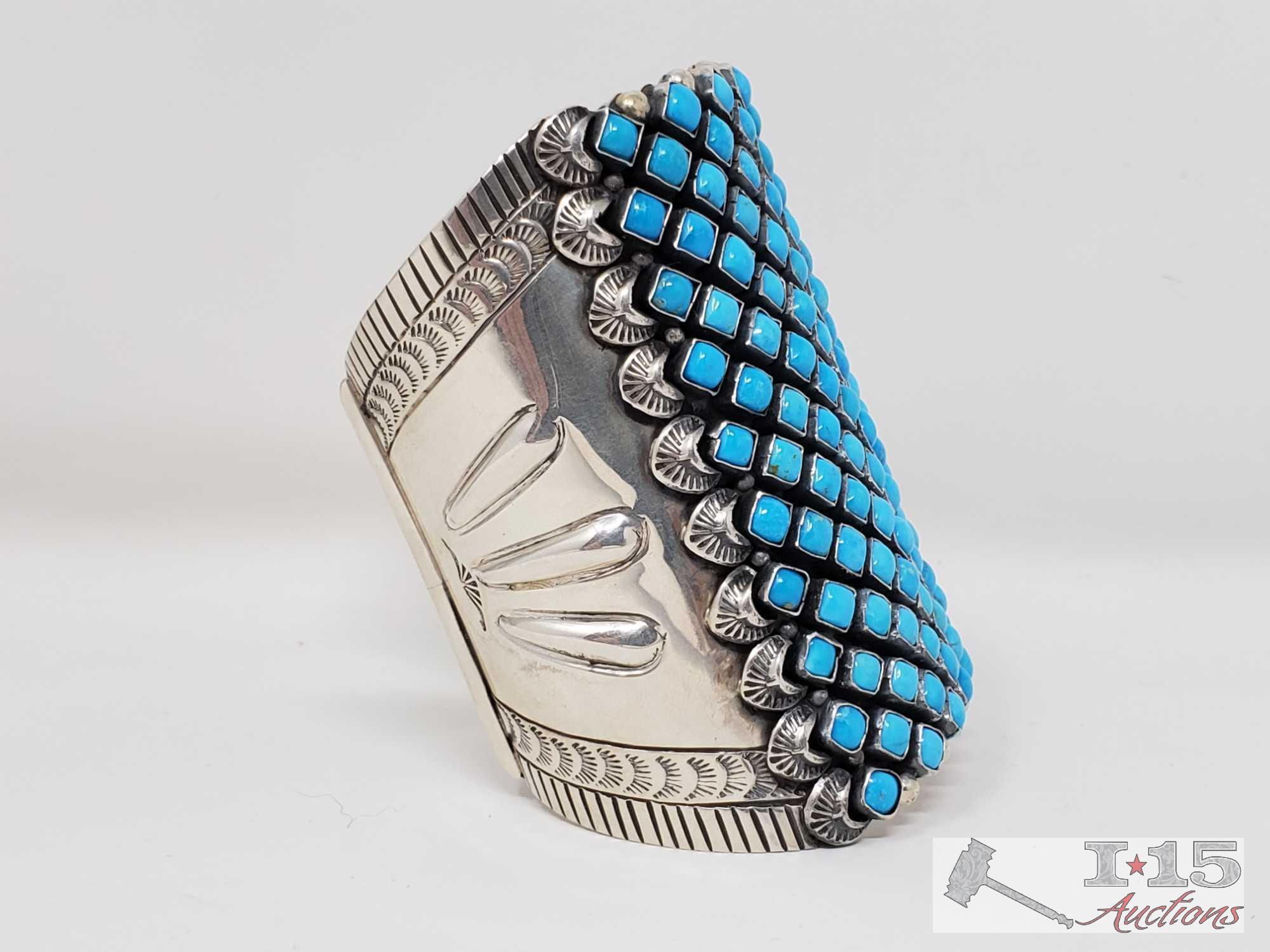 HUGE Native American Handmade Sterling Silver Turquoise Cuffed Bracelet, 151.9