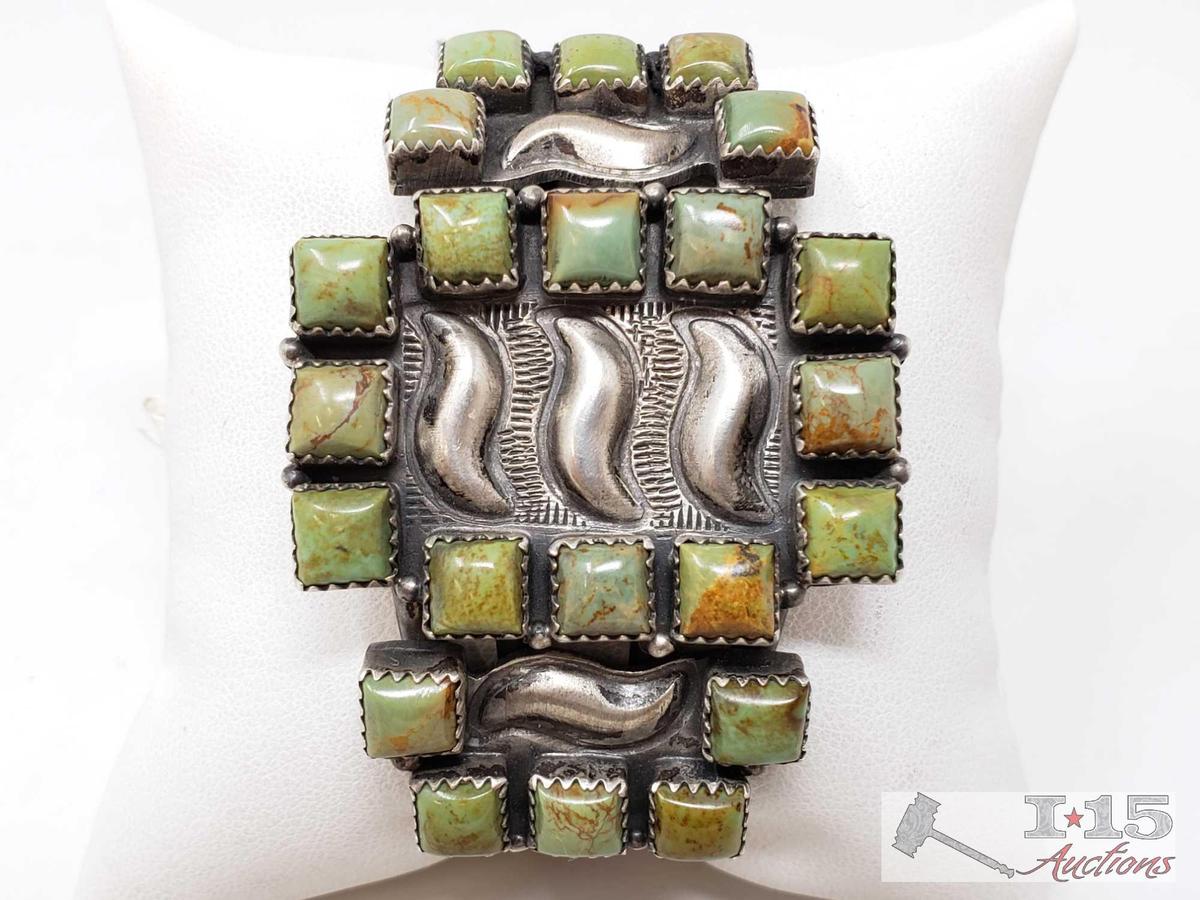 Authentic and Rare Marked Native American Green Turquoise Sterling Silver Cuff Bracelet, 53.9g