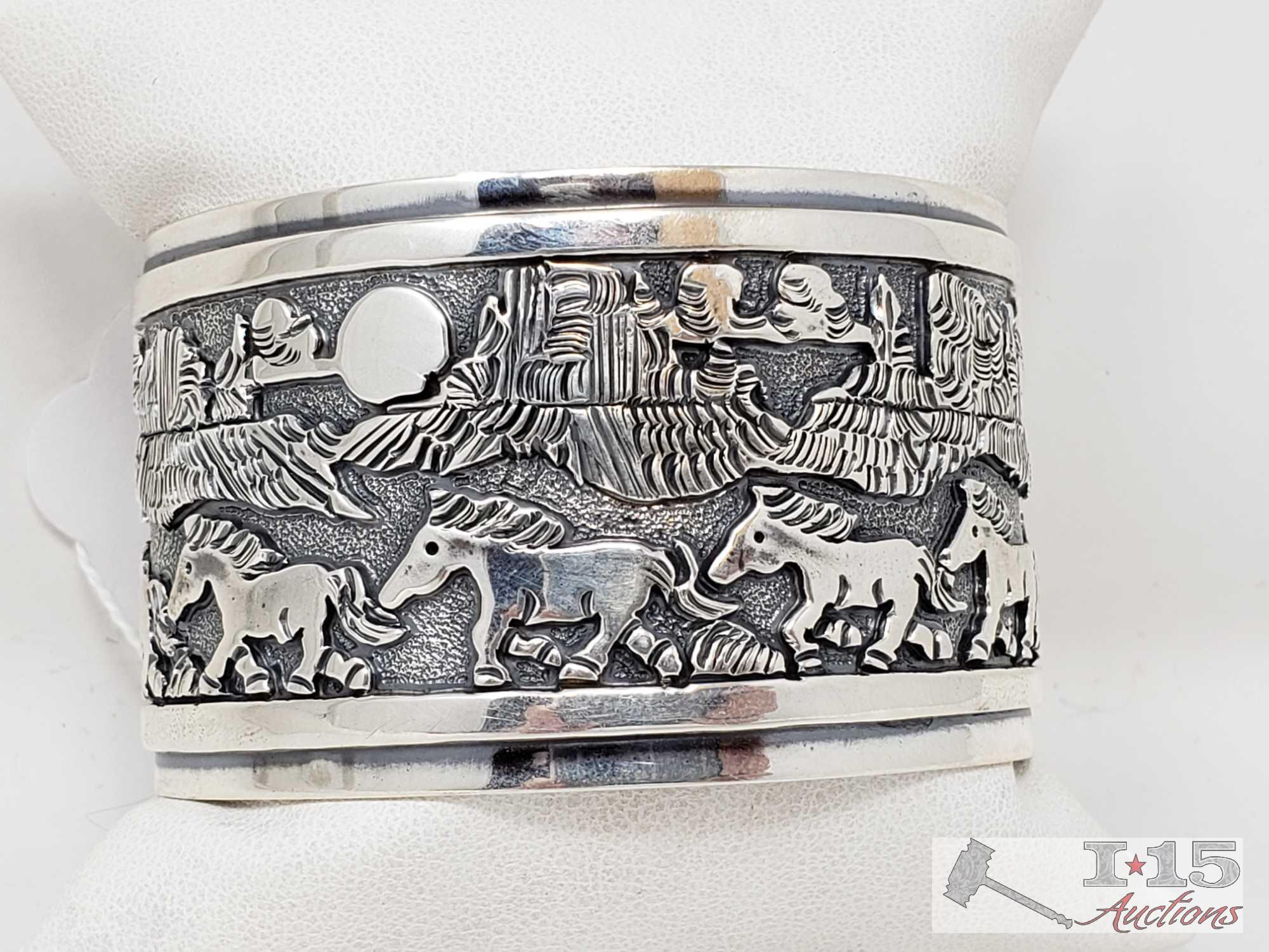 Signed By Artist Native American Story Teller Sterling Silver Cuff Bracelet, 77.0