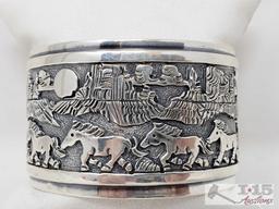 Signed By Artist Native American Story Teller Sterling Silver Cuff Bracelet, 77.0