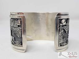 Signed By Artist Native American Story Teller Sterling Silver Cuff Bracelet, 77.0