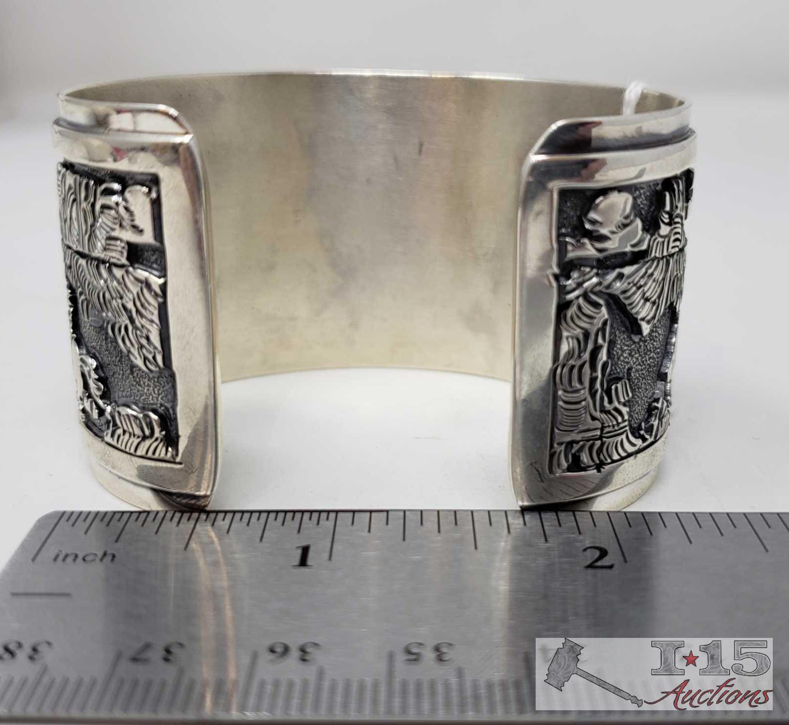 Signed By Artist Native American Story Teller Sterling Silver Cuff Bracelet, 77.0