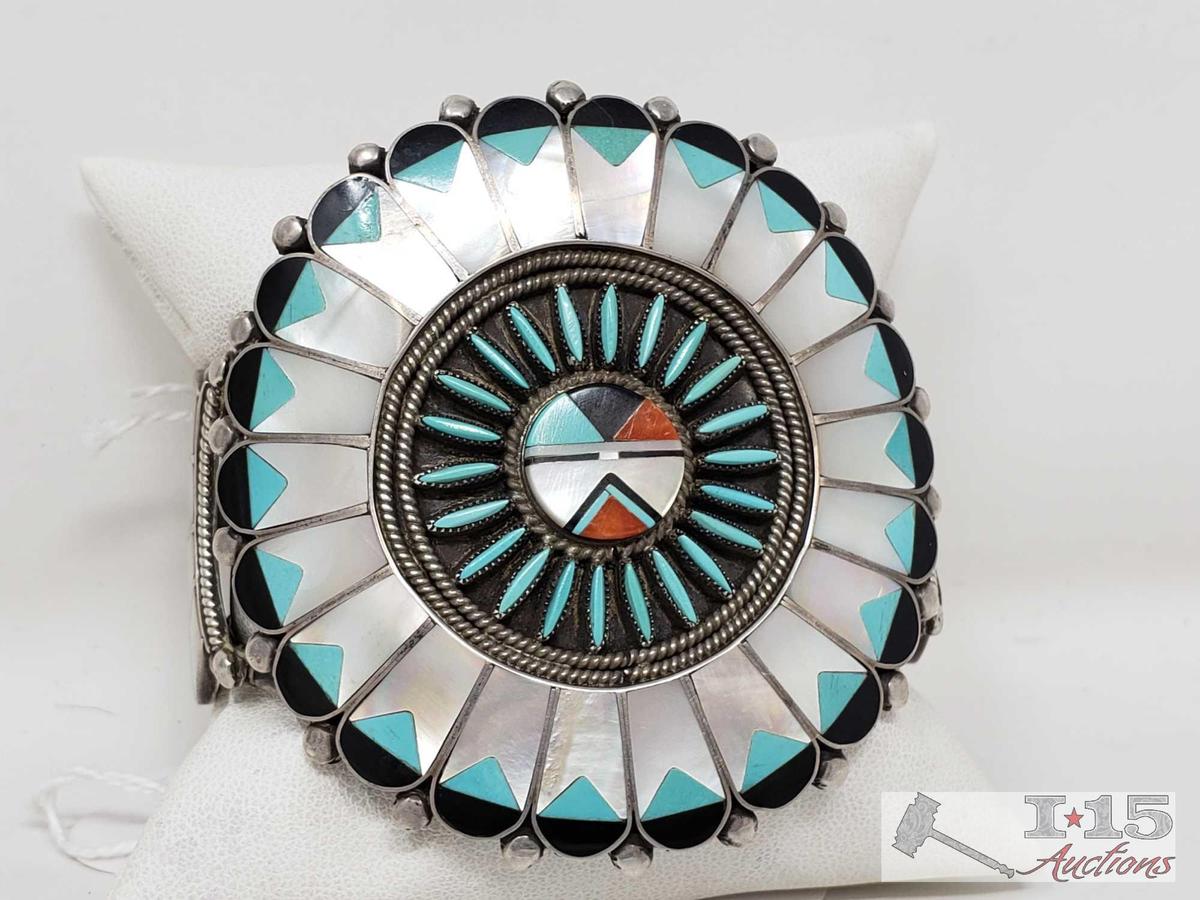 Hand Signed old Pawn Native American Inlay Sterling Silver Cuff Bracelet, Turquoise and Mother of