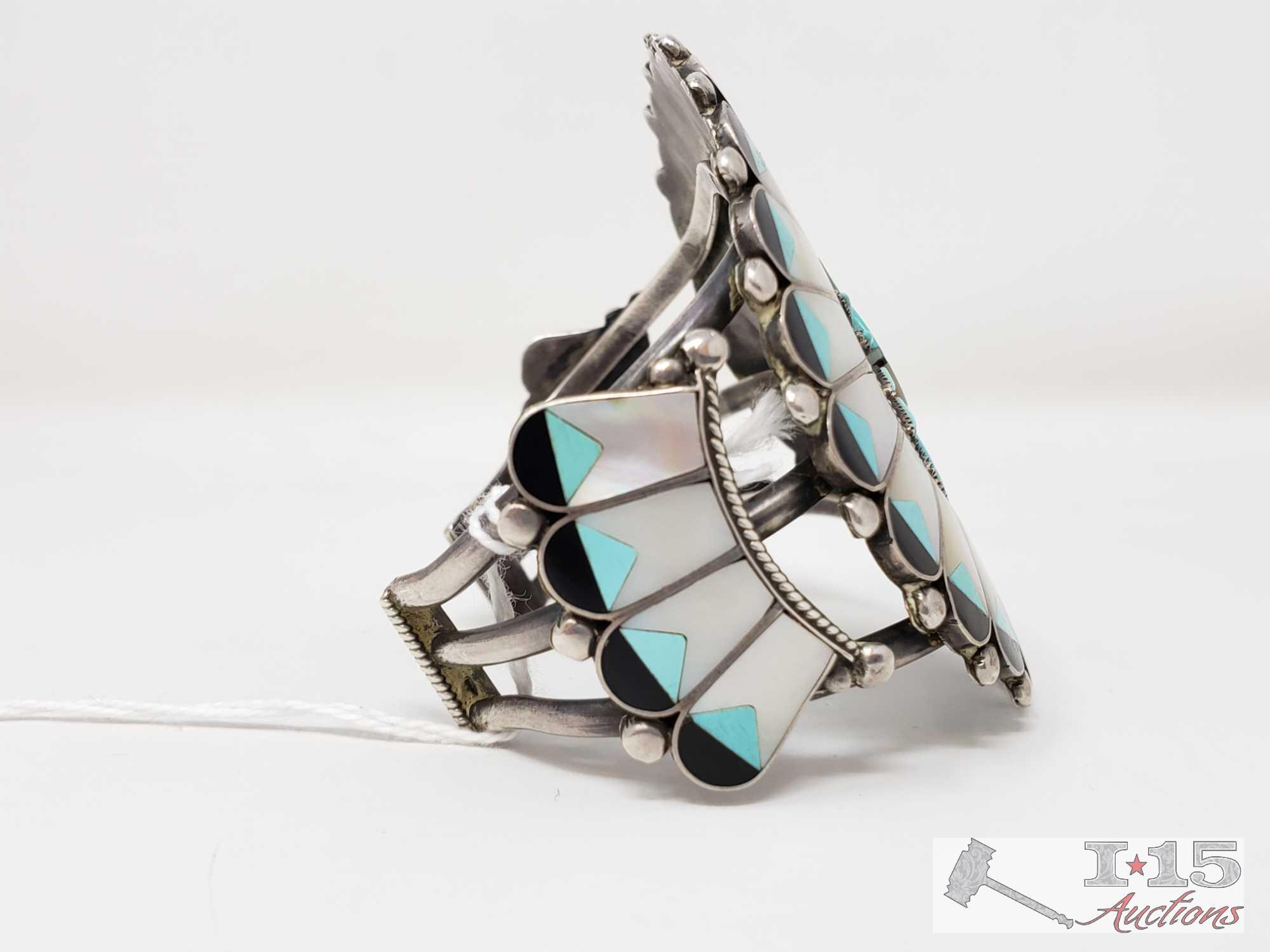 Hand Signed old Pawn Native American Inlay Sterling Silver Cuff Bracelet, Turquoise and Mother of