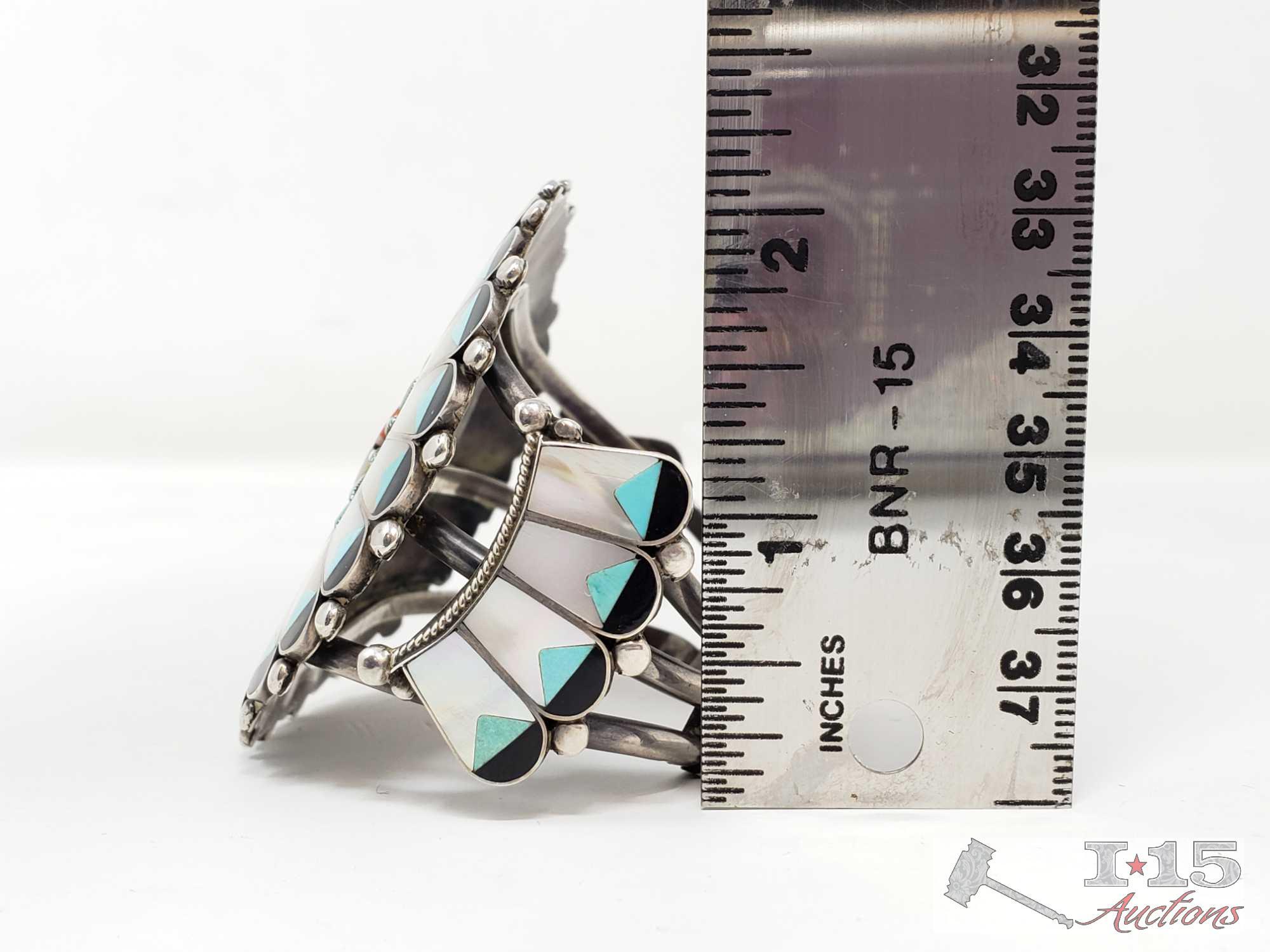 Hand Signed old Pawn Native American Inlay Sterling Silver Cuff Bracelet, Turquoise and Mother of