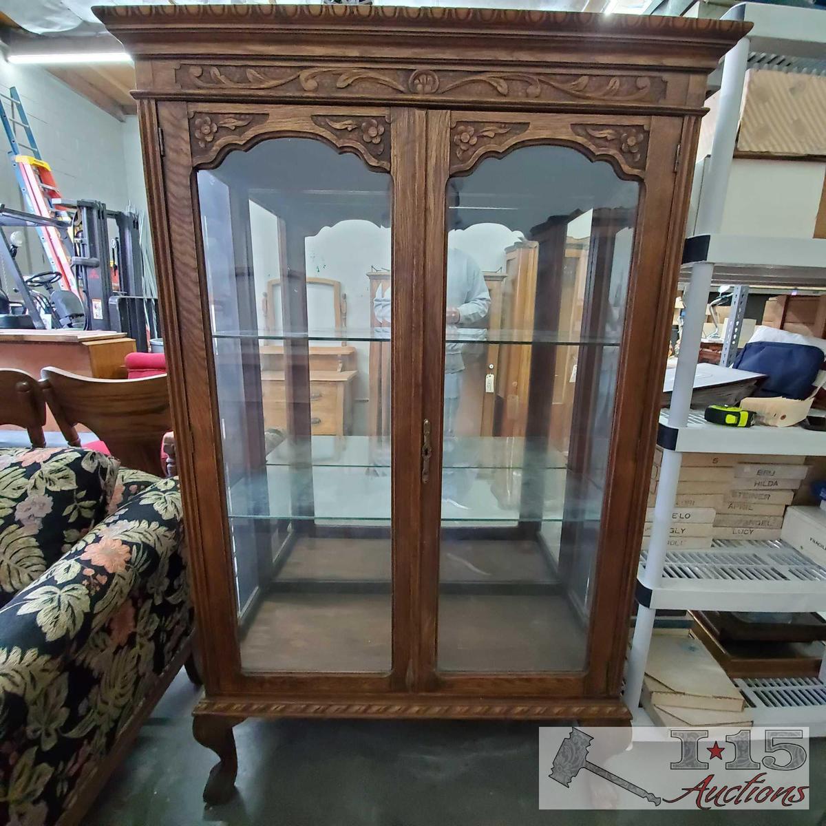 Antique Tiger Oak Cabinet w/ Glass Shelves and Carving