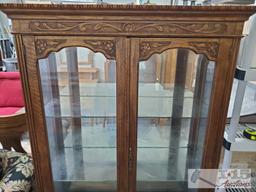 Antique Tiger Oak Cabinet w/ Glass Shelves and Carving