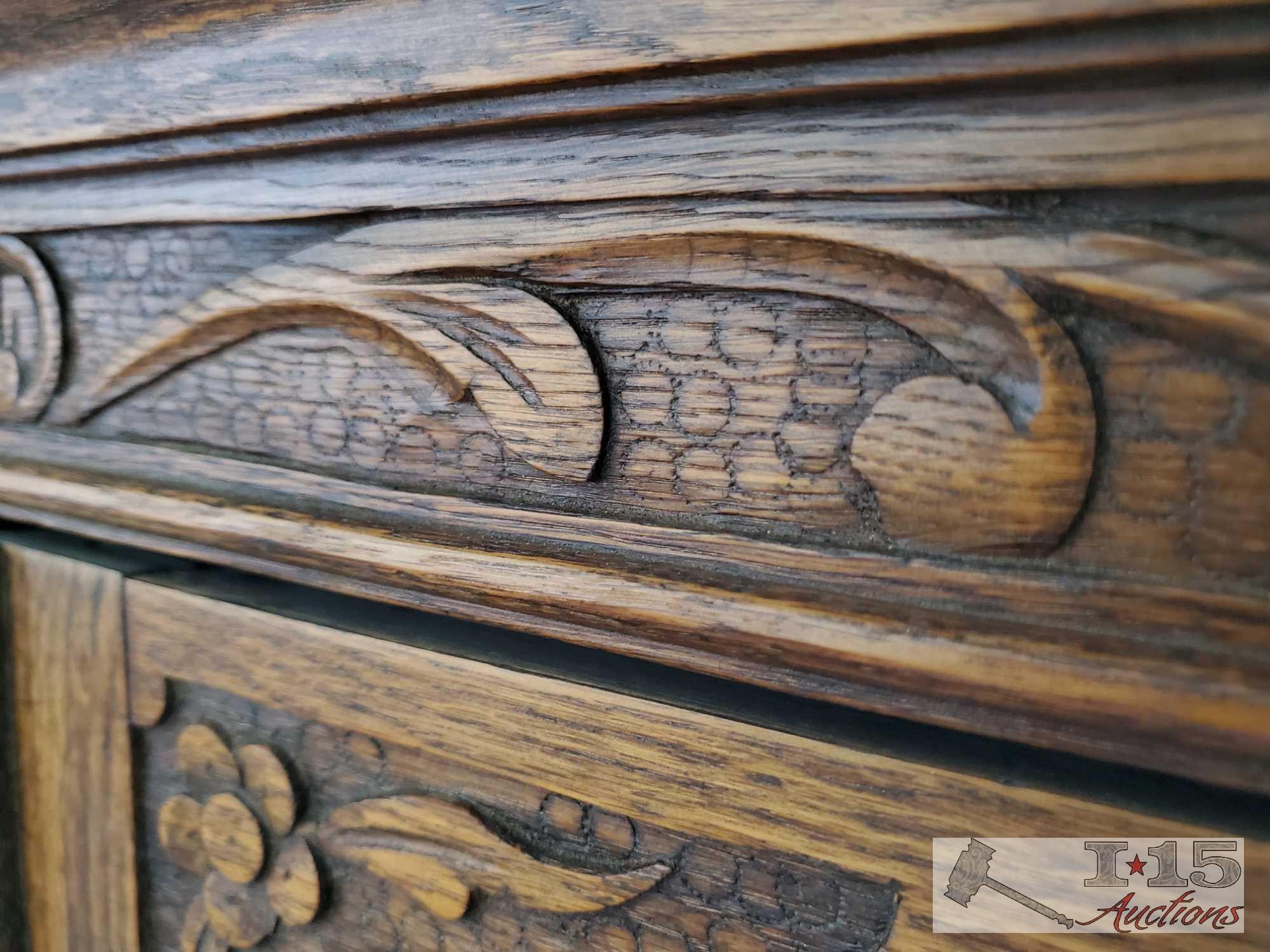 Antique Tiger Oak Cabinet w/ Glass Shelves and Carving