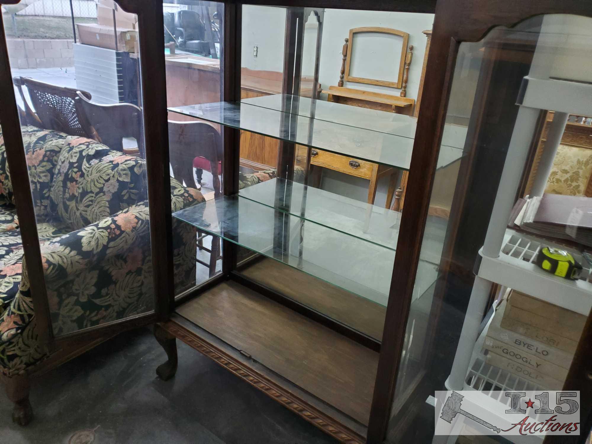 Antique Tiger Oak Cabinet w/ Glass Shelves and Carving