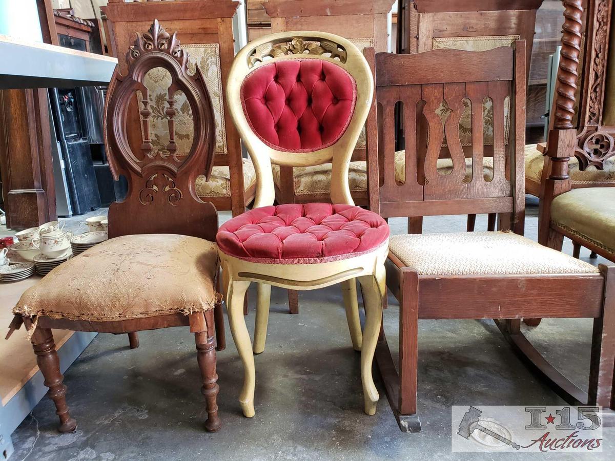 2 Antique Wood Chairs & 1 Antique Rocking Chair