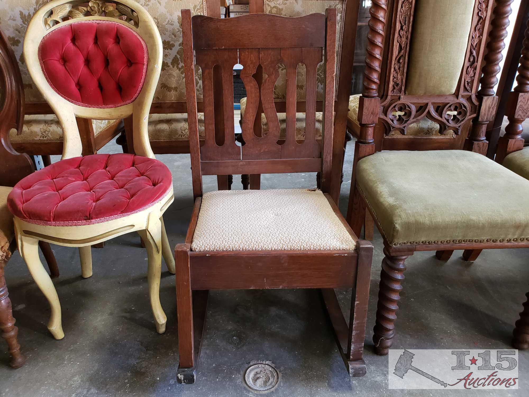 2 Antique Wood Chairs & 1 Antique Rocking Chair