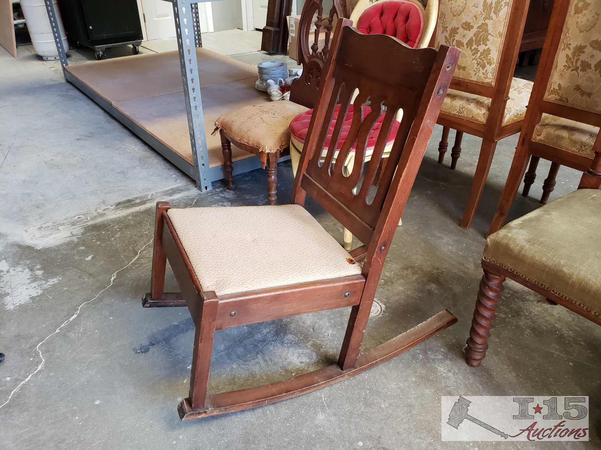 2 Antique Wood Chairs & 1 Antique Rocking Chair