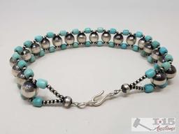 Native American Choker with Turquoise and Sterling Navajo Beads, 55.7