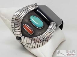 One of a Kind Apple Watch Band for 42mm/44mm Sterling Silver Band with Turquoise & Coral Sones