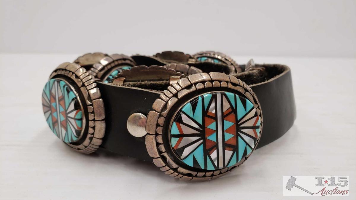 Artist Signed Sterling Sliver Native American Turquoise, Mother of Pearl Inlay Concho Belt,