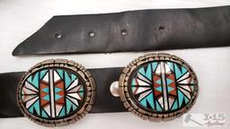 Artist Signed Sterling Sliver Native American Turquoise, Mother of Pearl Inlay Concho Belt,