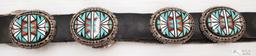Artist Signed Sterling Sliver Native American Turquoise, Mother of Pearl Inlay Concho Belt,