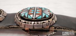 Artist Signed Sterling Sliver Native American Turquoise, Mother of Pearl Inlay Concho Belt,