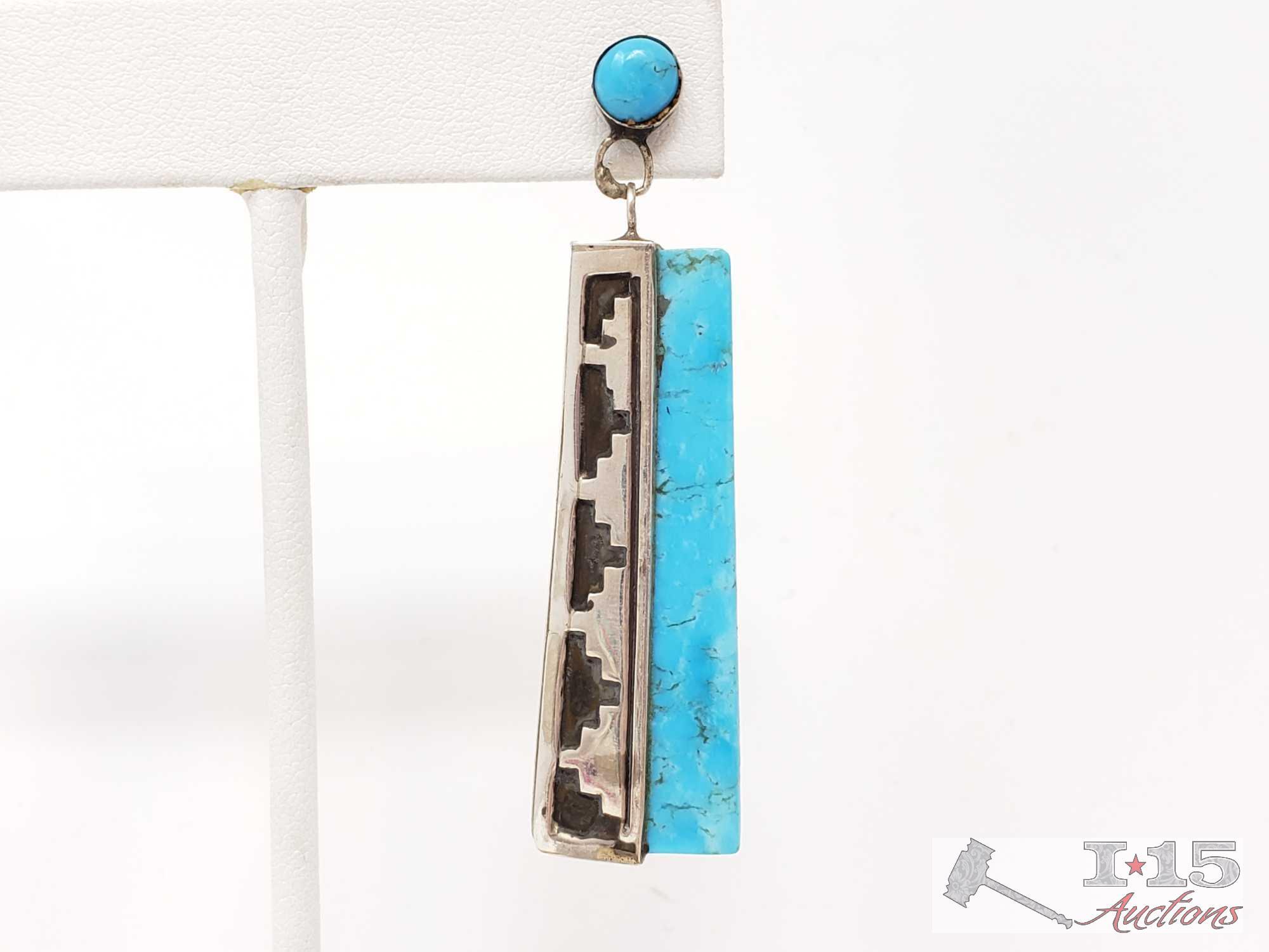 Sterling Silver Turquoise Dangle Earrings, 121g