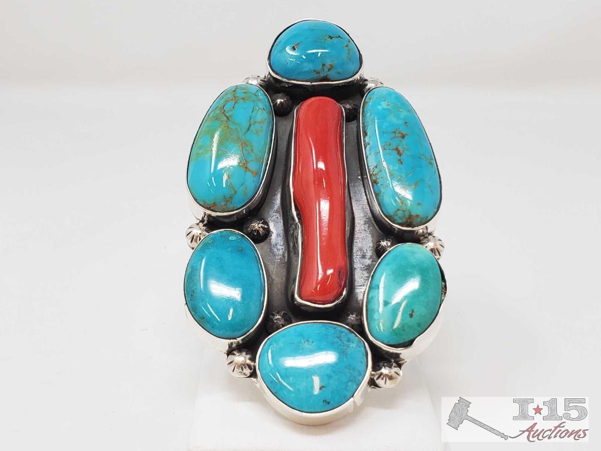 One of a Kind Chunky Native American Ring with Large Coral and Turquoise Stones Artist Marked