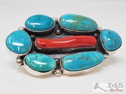 One of a Kind Chunky Native American Ring with Large Coral and Turquoise Stones Artist Marked