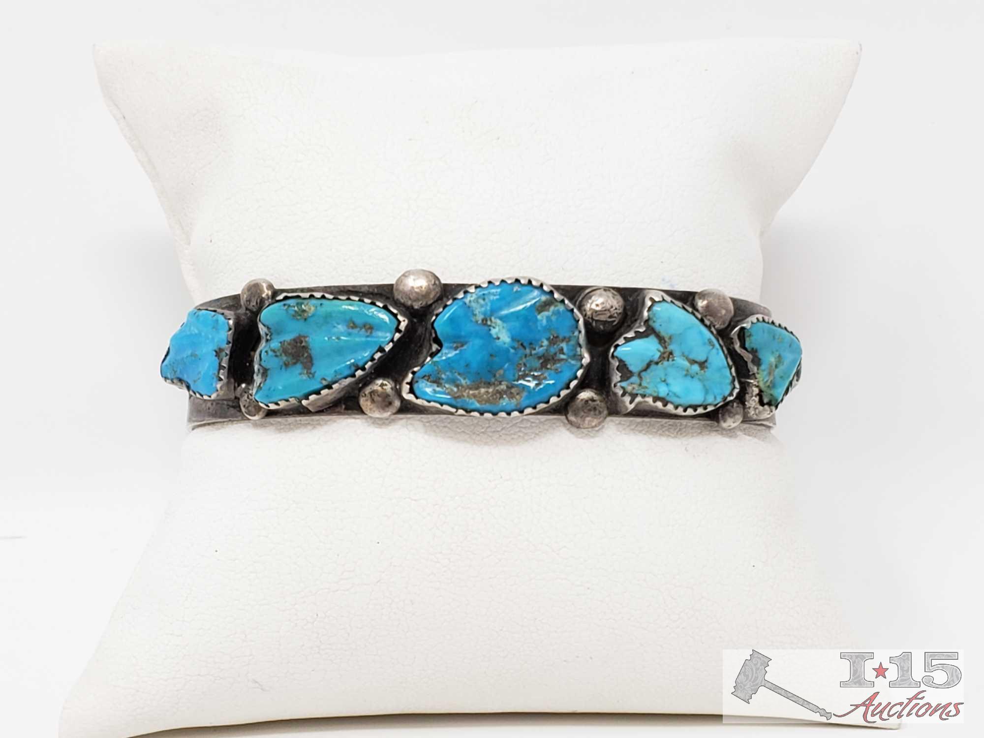 Very Rare Vintage Native American Navajo Carved Turquoise Sterling Silver Bracelet