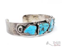 Very Rare Vintage Native American Navajo Carved Turquoise Sterling Silver Bracelet