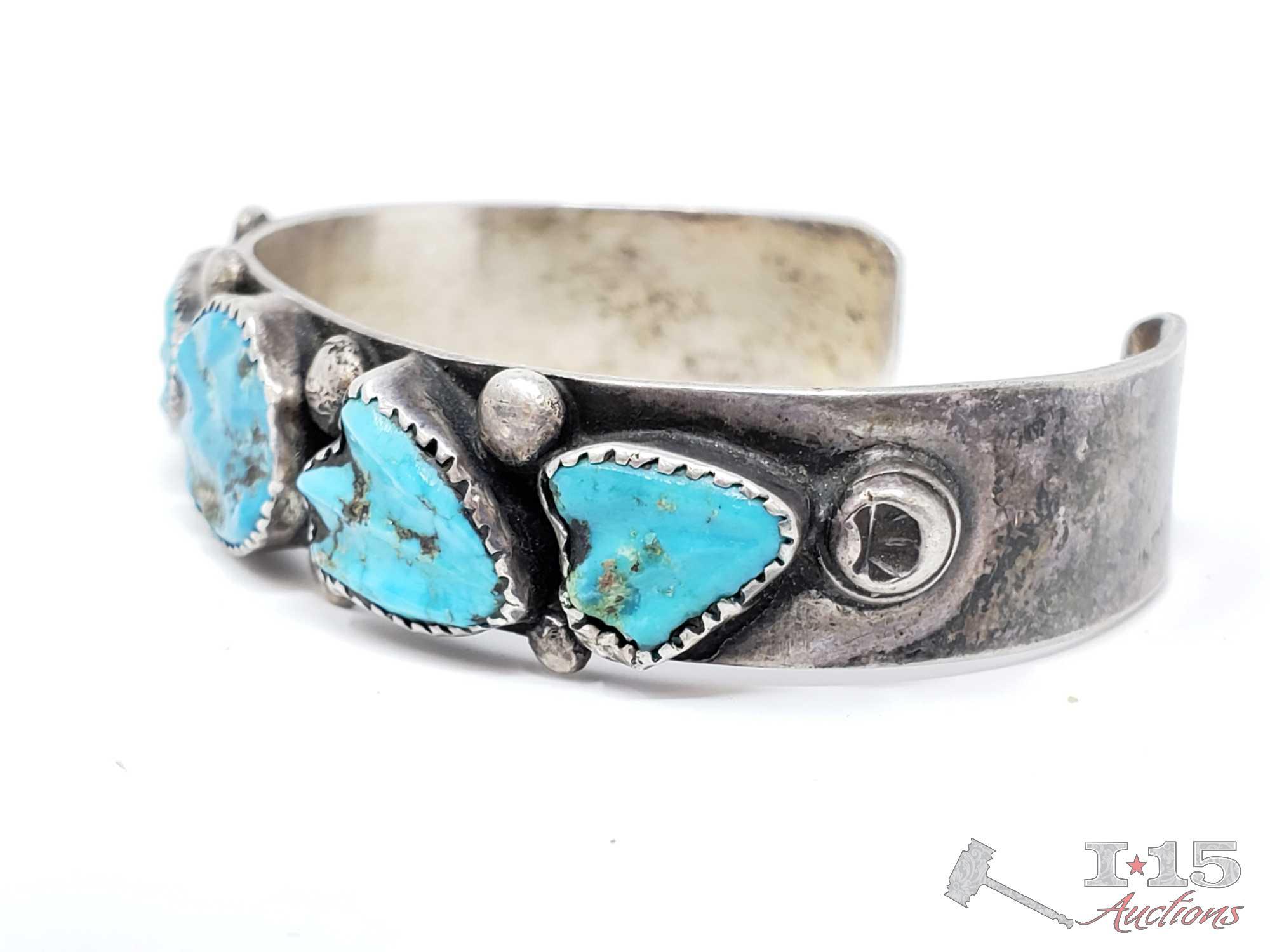 Very Rare Vintage Native American Navajo Carved Turquoise Sterling Silver Bracelet