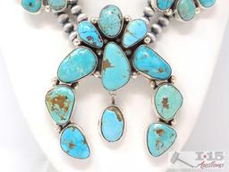 LARGE Navajo Sterling Silver Turquoise Cluster Squash Blossom Necklace. C Yazzie