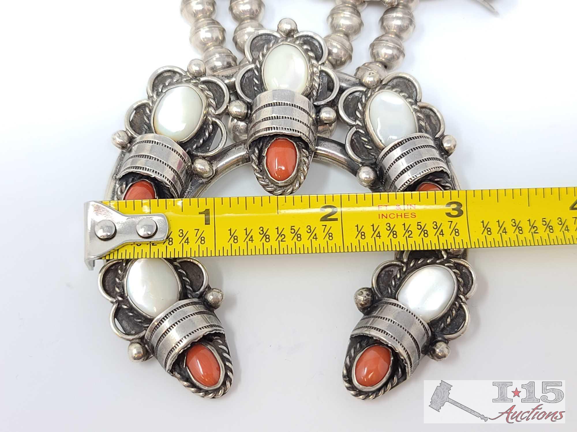 NAVAJO Native American DANIEL PIASO Coral MOP Squash Blossom Sterling