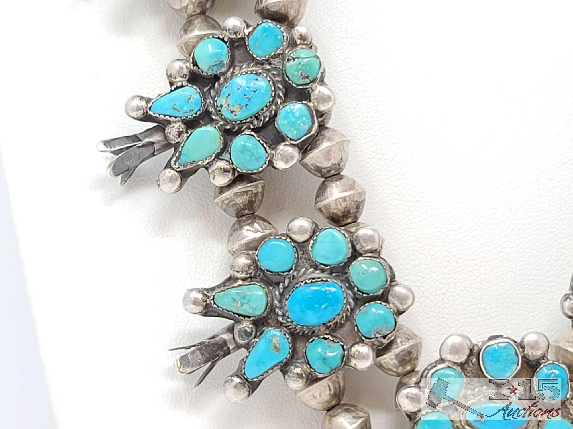 VINTAGE,1970?s STERLING/TURQUOISE PETIT POINT SQUASH BLOSSOM NECKLACE