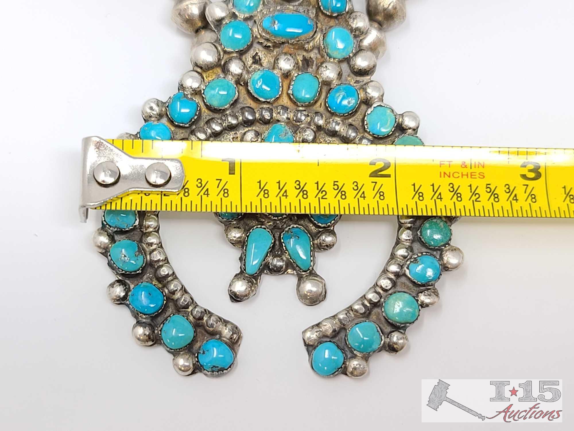 VINTAGE,1970?s STERLING/TURQUOISE PETIT POINT SQUASH BLOSSOM NECKLACE