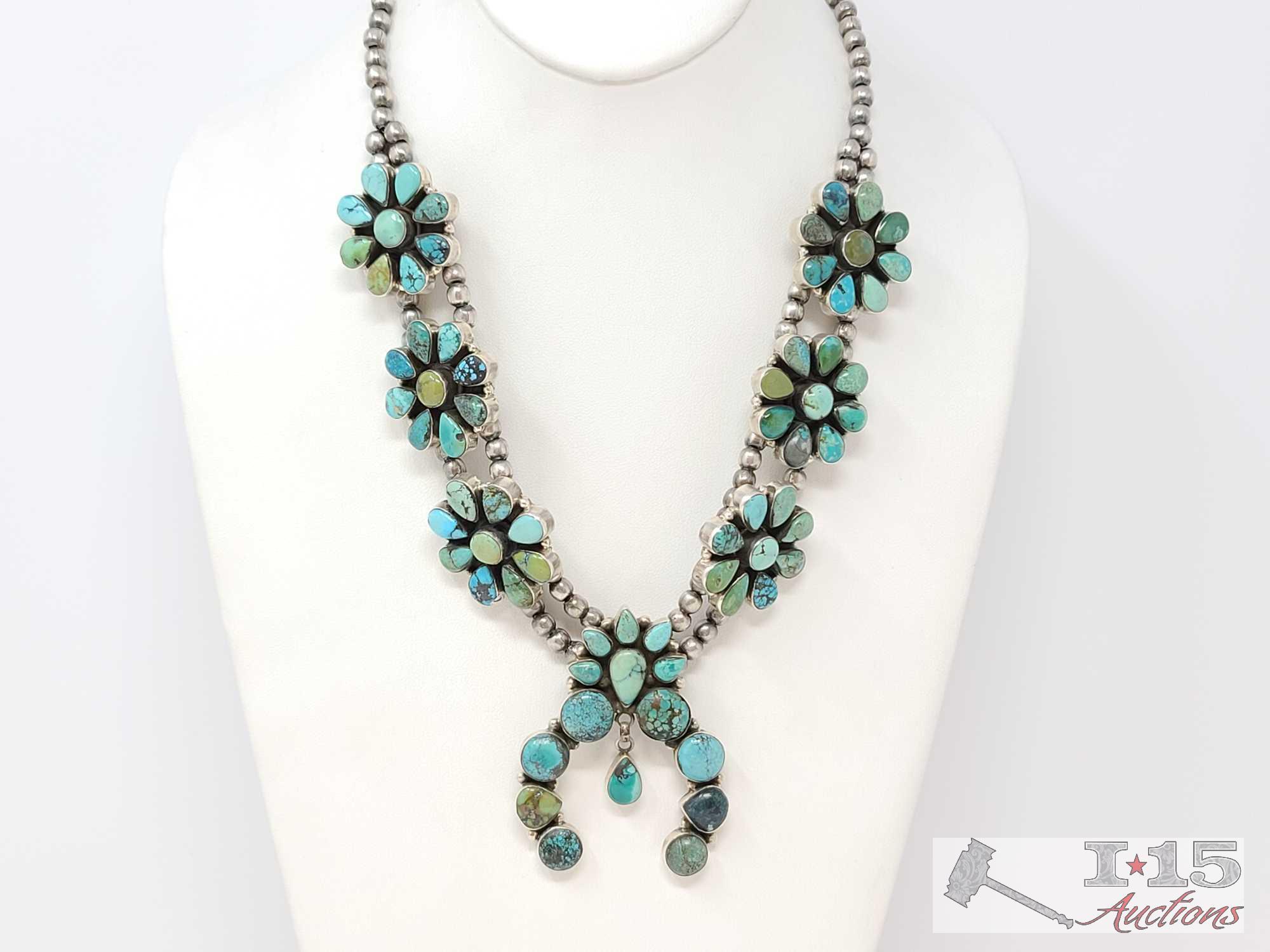 Gorgeous Turquoise Cluster Squash Blossom Sterling Silver Necklace