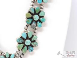 Gorgeous Turquoise Cluster Squash Blossom Sterling Silver Necklace