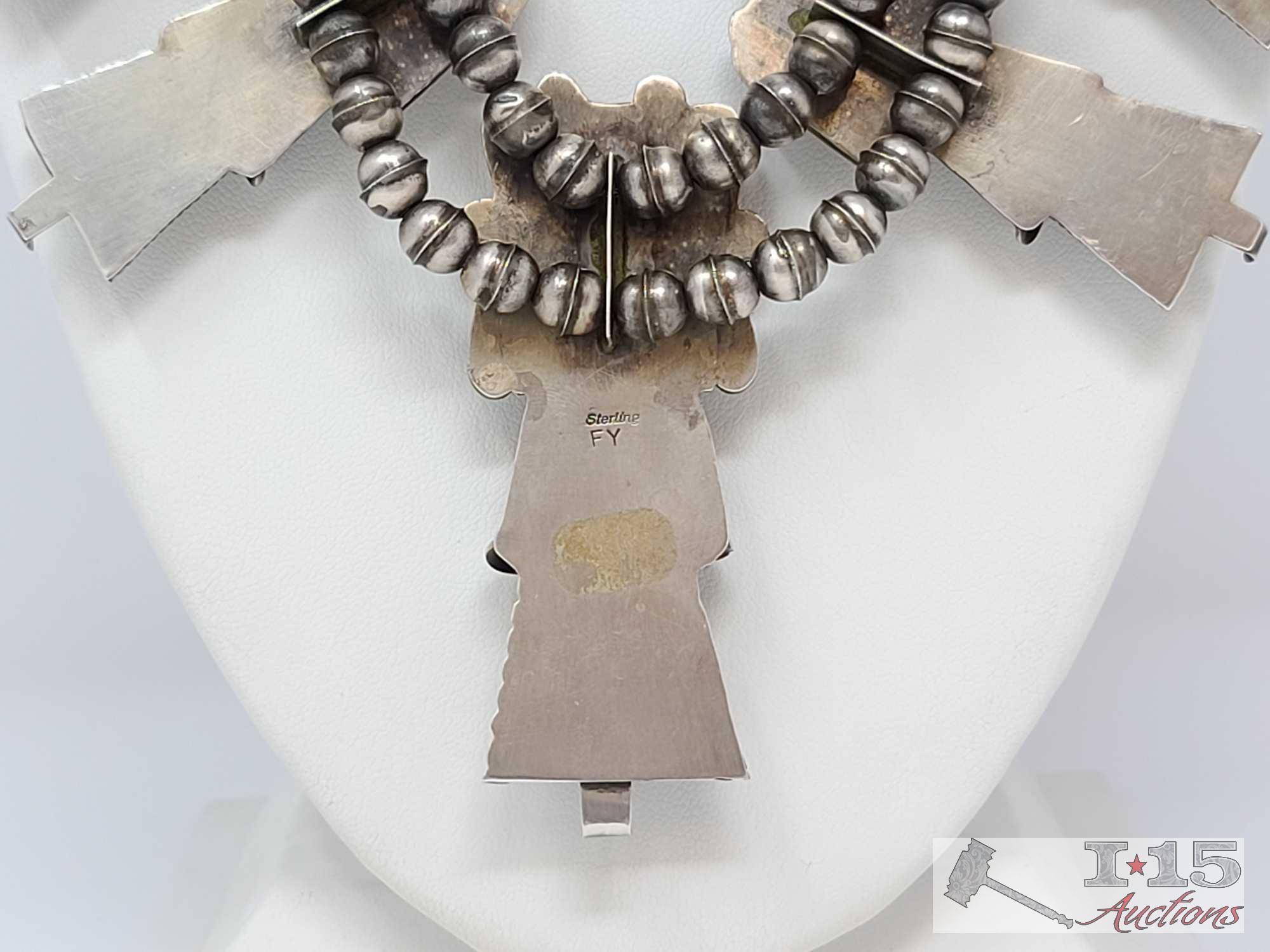 NAVAJO CORN MAIDEN KACHINA SQUASH BLOSSOM NECKLACE "F.Y." STERLING CORAL-NR