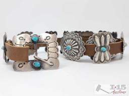 DETAILED VINTAGE NATIVE AMERICAN NAVAJO TURQUOISE SAM STERLING SILVER CONCHO BELT