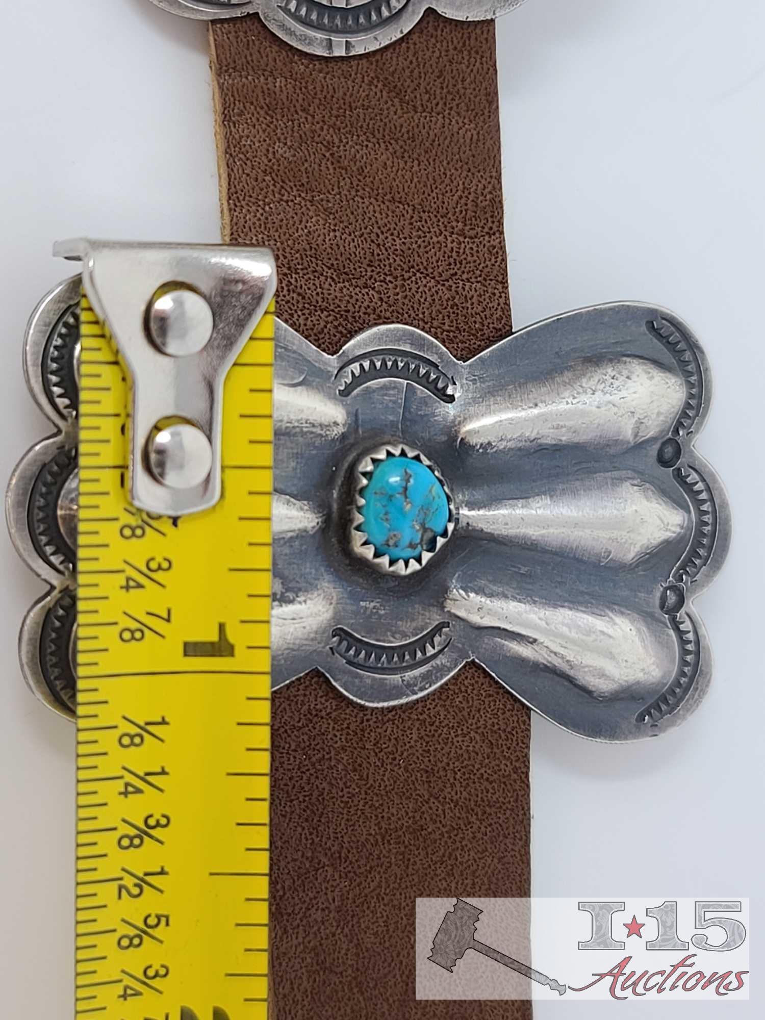 DETAILED VINTAGE NATIVE AMERICAN NAVAJO TURQUOISE SAM STERLING SILVER CONCHO BELT